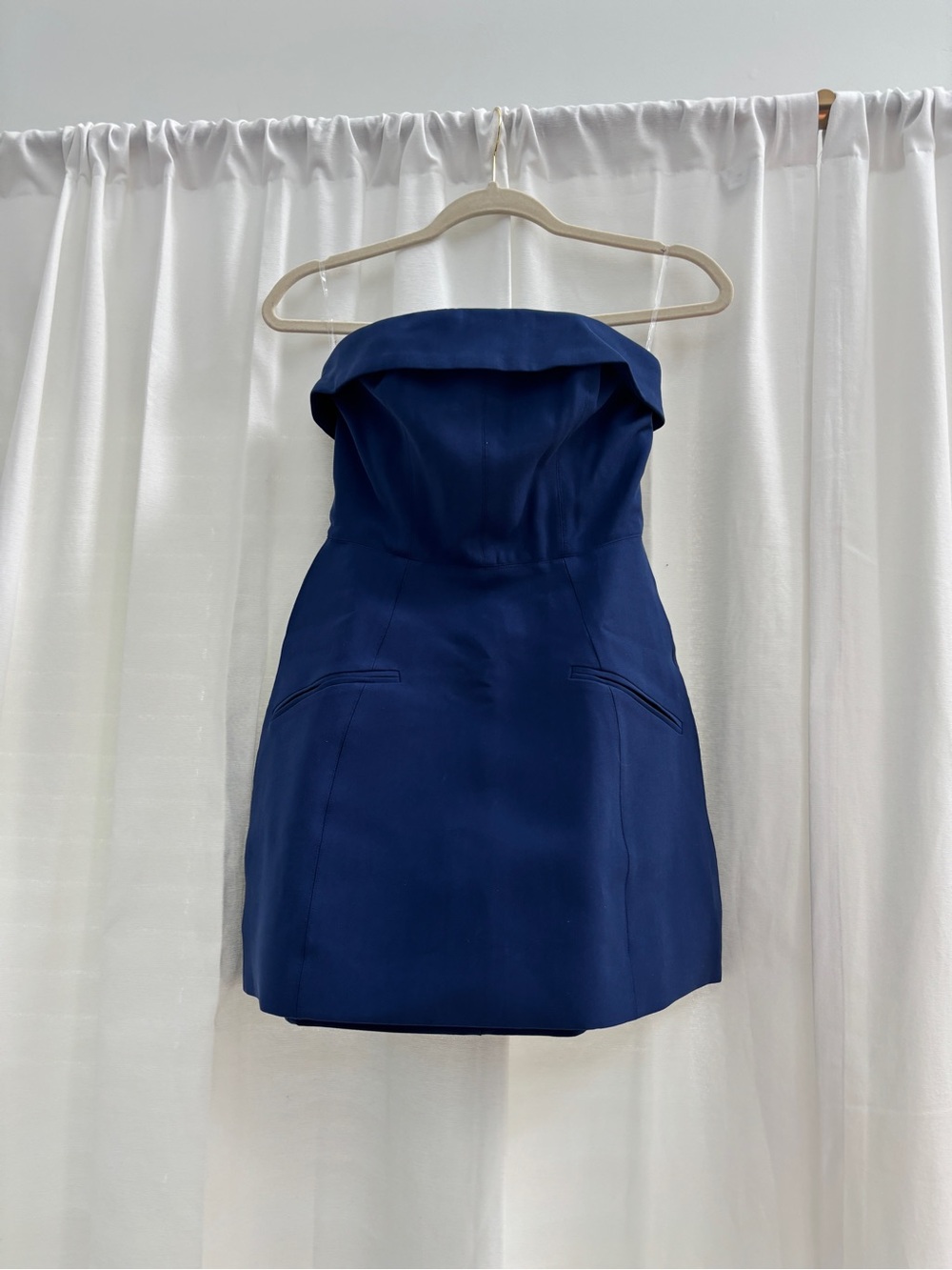Oh Polly Strapless Fold-Over Mini Dress in Deep Blue